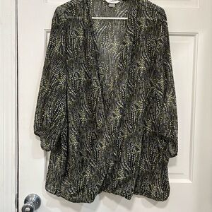 CJ Banks Women’s 3X Top Sheer 3/4 Sleeve Black/Green Dolman Sleeve V-Neck Blouse